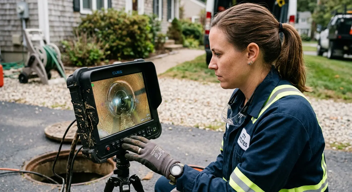 Technician reviewing sewer camera inspection footage in Clyde