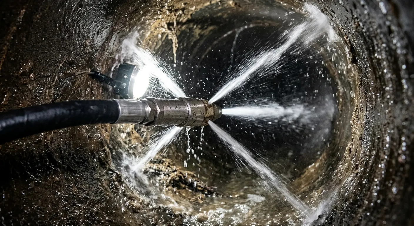 High-pressure hydro jetting nozzle cleaning sewer pipe for Trenchless Sewer Repair in Clyde