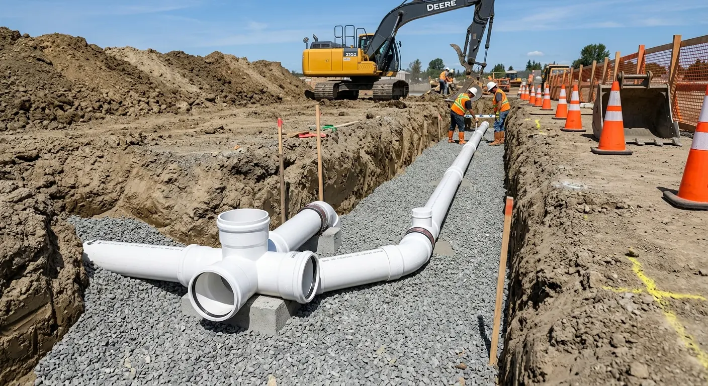 New PVC sewer pipe installation in open trench for Sewer Backup in Clyde